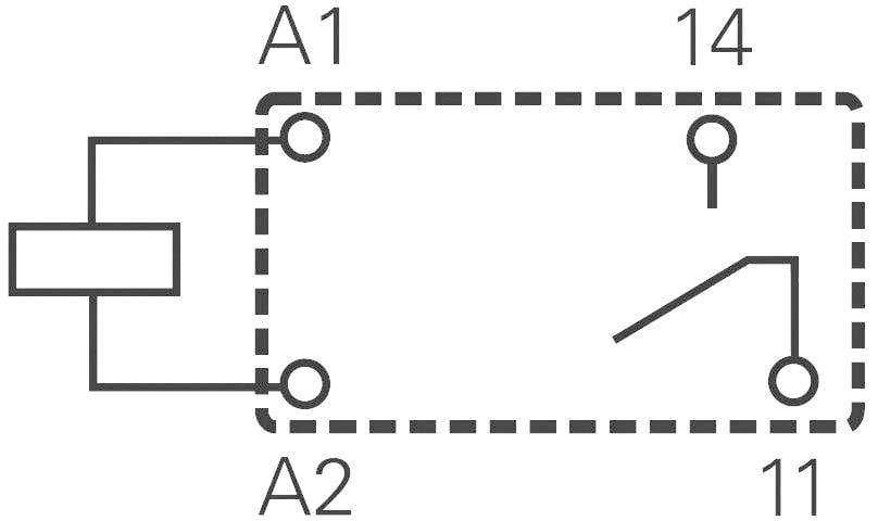 Elektroteknisk diagram över ett relä med anslutningar: A1, A2 för spolen och 11, 14 för switchen/kontakten.