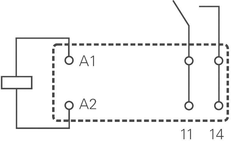 Kopplingsschema för ett relä med spoleanslutningar A1 och A2 samt omkopplingskontakter 11 och 14.