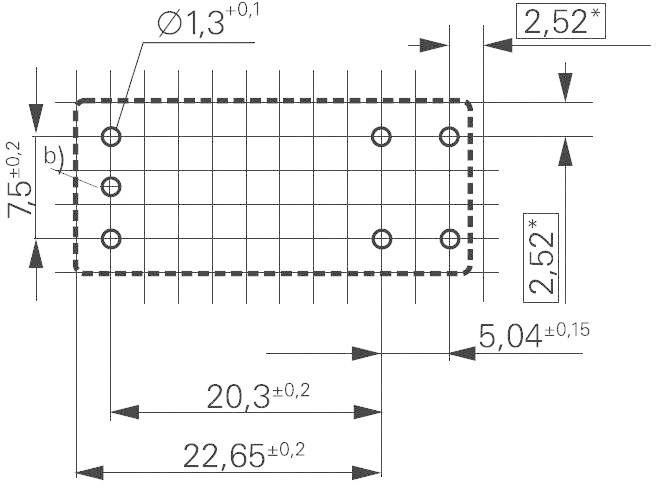 Teknisk ritning av en rektangulär komponent med sex hål och dimensionsangivelser. Huvudmått: 22,65 x 7,5 mm.
