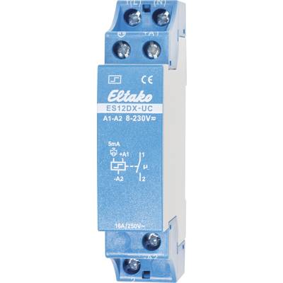 Blå strömstötsbrytare från Eltako, modell ES12DX-UC, lämplig för spänningar från 8 till 230 V, med flera anslutningsklämmor.