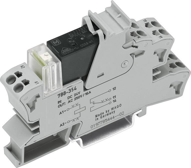 Ett grått hattskensrelä med märkning och anslutningsklämmor, lämpligt för 24V DC eller 250V AC, 16A från WAGO.
