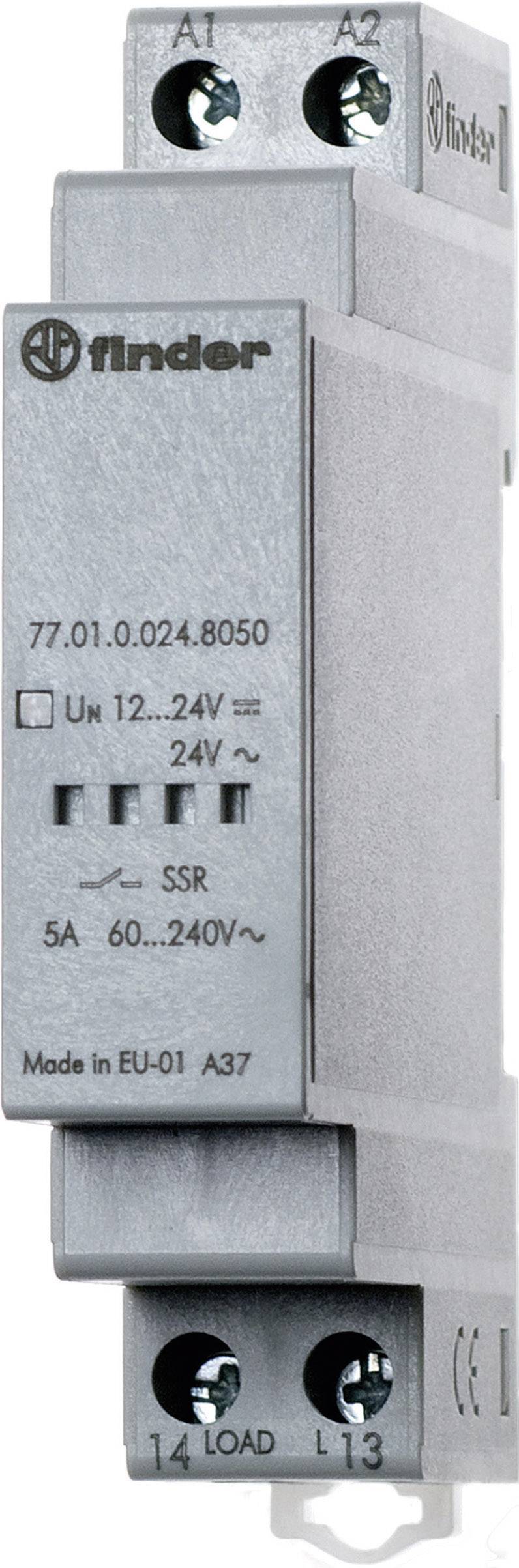 Ett elektroniskt relä från märket Finder, modellnummer 77.01.0.024.8050. Spänning: 12–24V, last: 5A vid 60–240V.