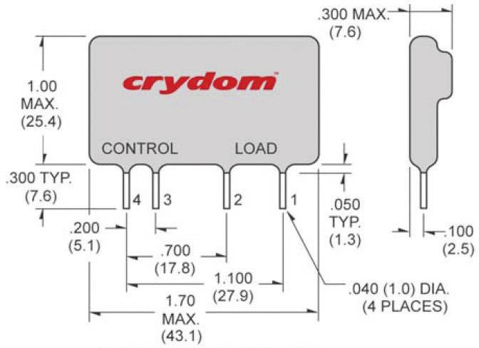 Schema för en elektronisk komponent med flera stift, inklusive 'CRYDOM'-etikett. Beskrivningar visar mått i millimeter och tum.