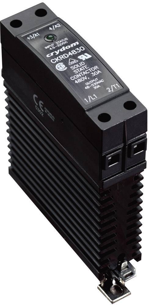 Svart solid state-relä (Solid State Relay) från märket Crydom, modell CXD4850, med kylkropp. 480VAC, 50A effektspecifikation.
