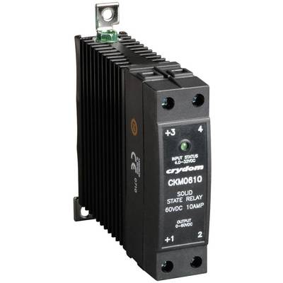 Ett Solid-State-relä märkt 'Crydom CKM0610', ingångsspänning 3-32VDC, utgång 60VDC, 10 Ampere, svarta kylflänsar.
