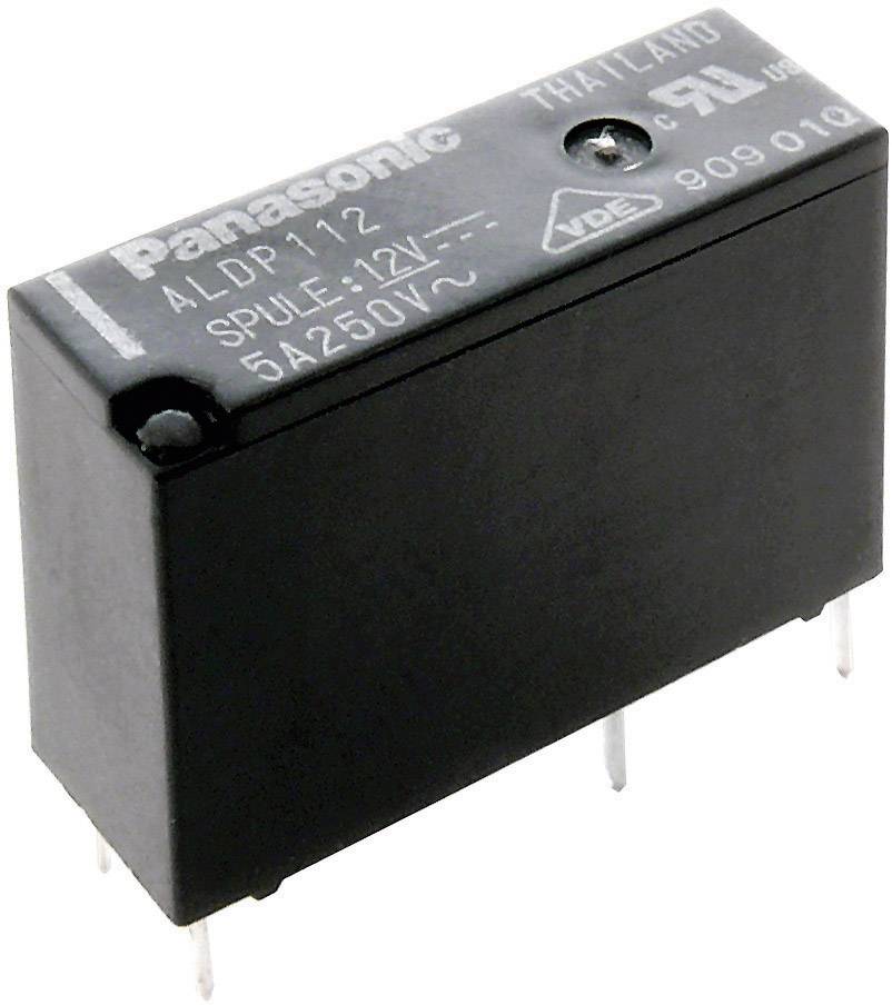 'ALDP112' Panasonic-relä med fem stift, 12V spole. Svart rektangulärt komponentskomponent med tryckt teknisk specifikation.