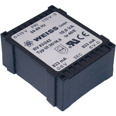 En elektrisk transformator märkt 'WEISS GmbH, 10 VA, 833 mA'. Inspänning: 115 V, utgång: 6 V.