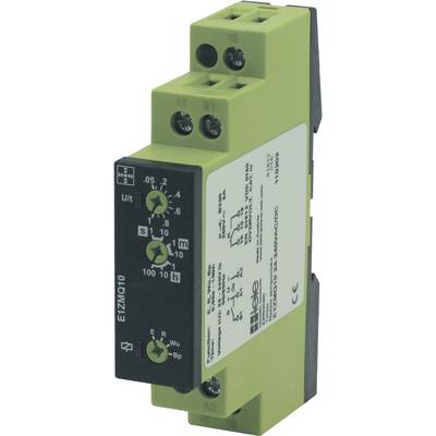 Elektroniskt tidrelä i ett smalt hölje, grönt och svart, för DIN-skenmontage, med inställningsknappar och anslutningar.
