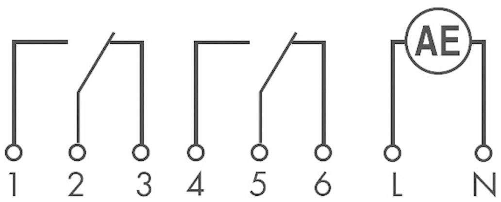 Kopplingsschema med sex switchar: 1, 2, 3, 4, 5, 6 och AE. L och N är också markerade.