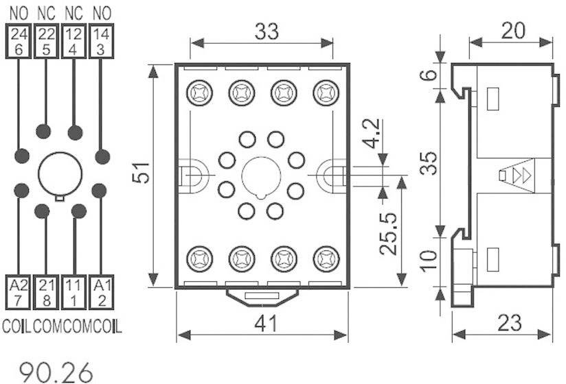 Teknisk ritning av ett reläsockel med dimensioner: 33x51 mm, 41 mm bred, inklusive pinnarnas placering och anslutningssymboler.
