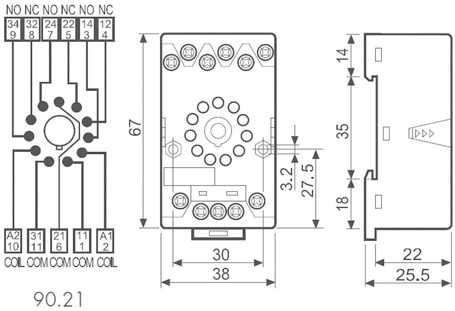 Elektrisk kopplingsschema och dimensioner för reläsockel. Vänster: Kopplingsschema; Mitten: Frontvy; Höger: Sidovy. Mått i millimeter.