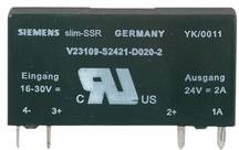 Svart elektronisk komponent med text 'SIEMENS slim-SSR GERMANY'. Ingångar 16-30V, utgångar 24V = 2A.