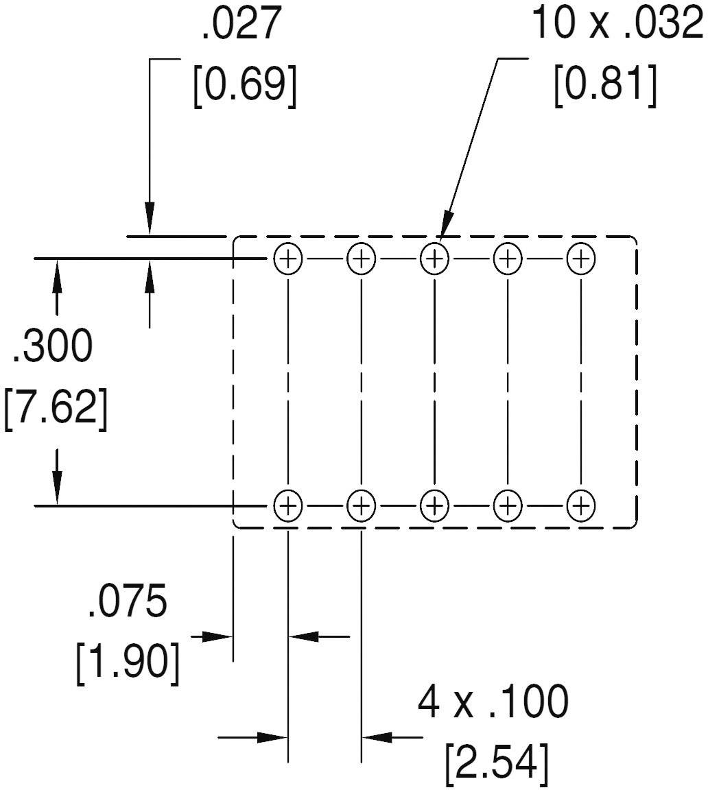Teknisk ritning av en rektangulär layout med måttangivelser i tum och millimeter. Innehåller dimensionerna .027, .032, .300, .075 tum och hålmått.