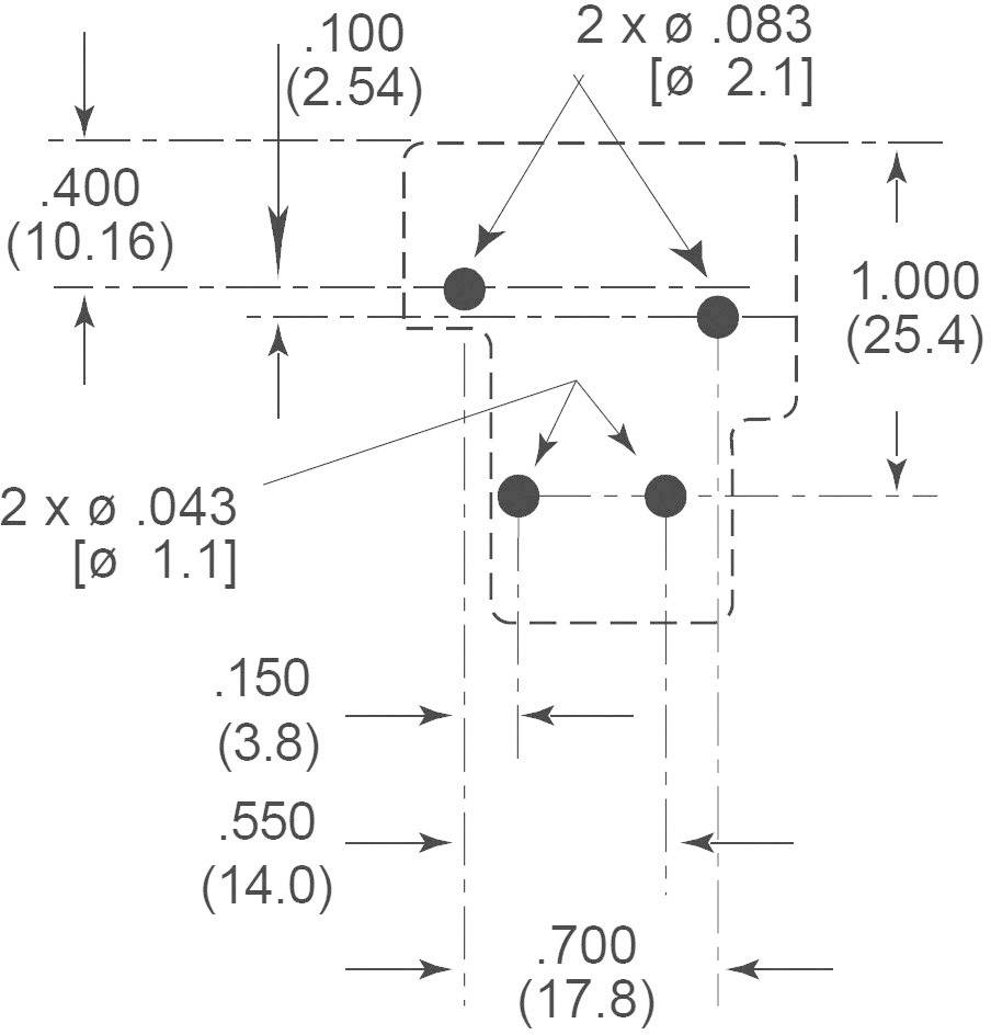 Teknisk ritning med mått och hålpositioner för en komponent. Inkluderar diameter-, längd- och avståndsvärden i tum och millimeter.