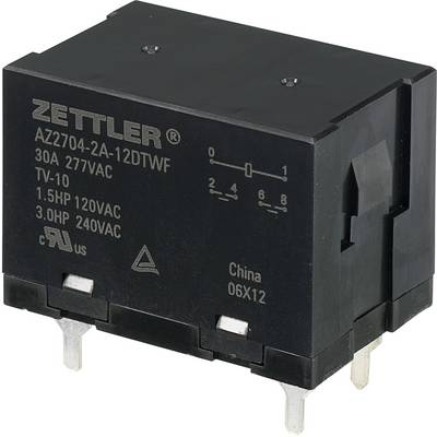 Svart elektriskt relä märkt 'Zettler AZ7704-2A-12DTWF', tekniska specifikationer och tillverkningsplats.