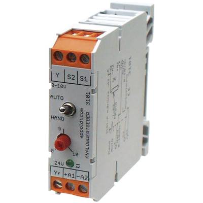 Elektroniskt modul med lägesväljare 'Auto' och 'Manuell', orangea anslutningar, grått hölje och märkningar för inställningar.