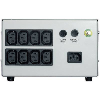 Baksidan av en vit enhet med flera svarta uttag, två säkringar märkta '10A/T 250V' och '12.5A/T 250V'.
