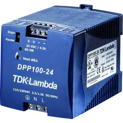 Ett blått nätaggregat från TDK-Lambda, modell DPP100-24, med uppgifter om strömstyrka och spänning: 24 VDC, 4,2 A.
