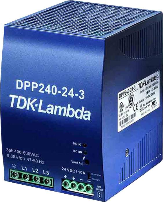 Ett blått TDK-Lambda DPP240-24-3 nätaggregat för trefasström (400-500V) med utgång 24V/10A, visar anslutningar och tekniska detaljer.