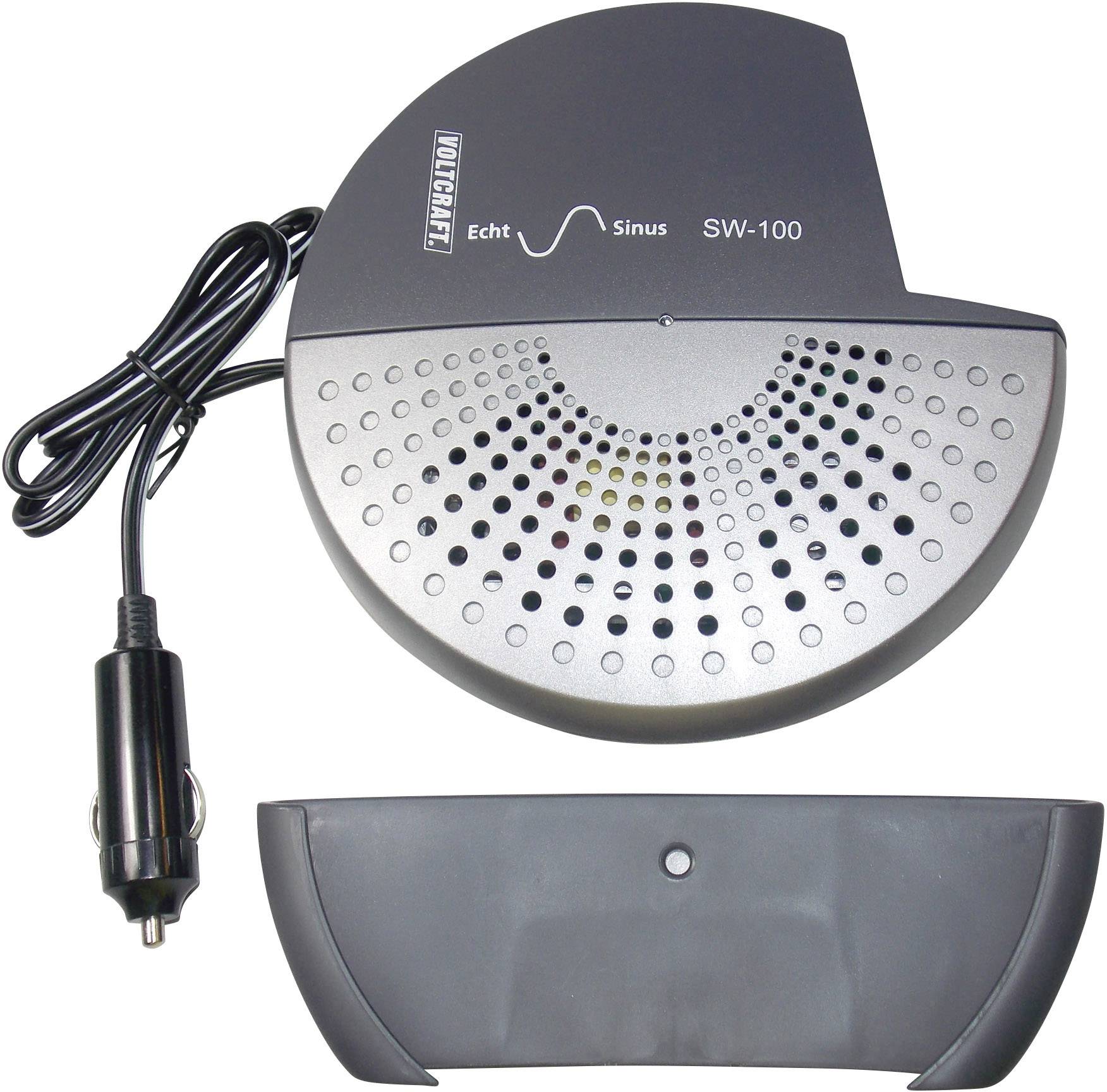 En grå spänningstransformator med kabel och kontakt, märkt 'Echt Sinus SW-100', avsedd för anslutning till ett bils cigarettändare.