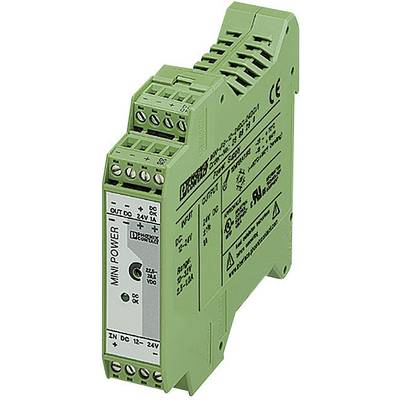 Grön elektronisk enhet med flera anslutningar och inskriptioner. Det är en Mini-Power-modul för industriella tillämpningar.