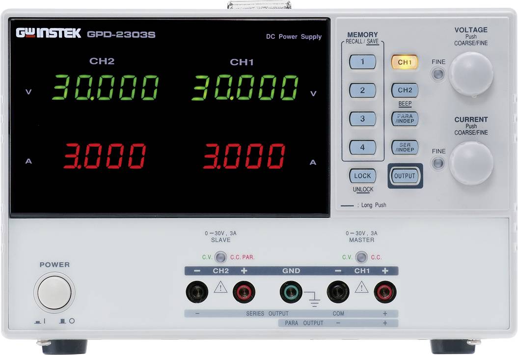 Elektroniskt nätaggregat med två kanaler, vardera 30V och 3A. Digital display visar spänning och strömstyrka. Anslutningar nedtill.
