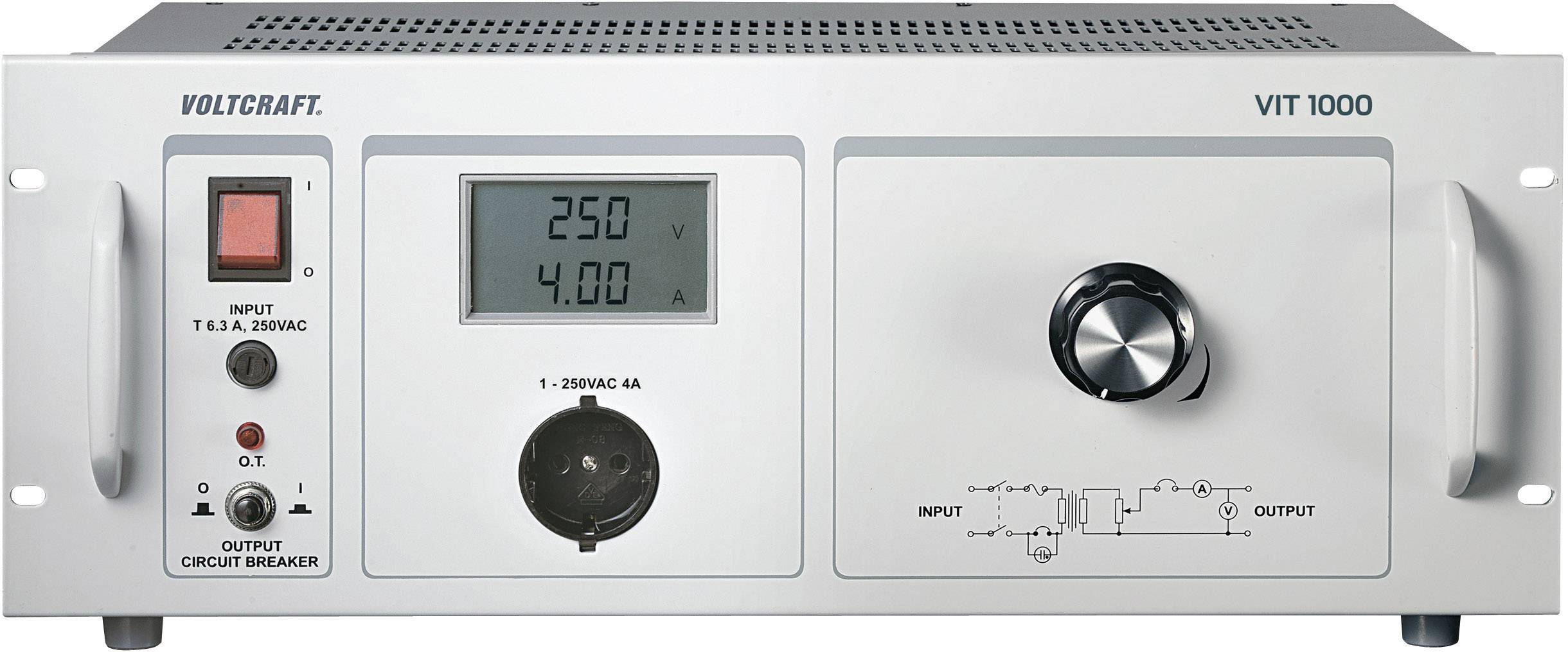 Apparat Voltcraft VIT 1000: Digital display visar '250 V' och '4.00 A'. Vänster omkopplare, höger kontrollreglage och diagram.