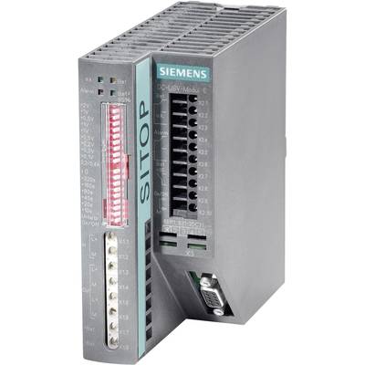 Ett Siemens SITOP strömförsörjningsmodul med flera anslutningar och LED-indikatorer.