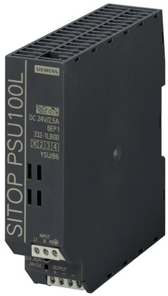 Siemens SITOP PSU100L 24 V/2,5 A DIN-skena nätaggregat 24 V/DC 2.5 A 60 W Antal utgångar:1 x Innehåll 1 st
