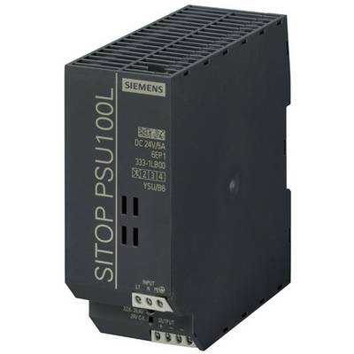 Ett svart industriellt nätaggregat med texten 'SITOP PSU100L' på sidan, anslutningar för in- och utgång nedtill.