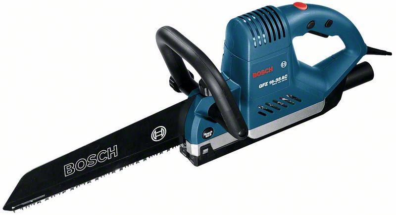 Bosch elektrisk kedjesåg, modell GKE 16-35 AC, i blått och svart, med ergonomiskt handtag och långt sågblad.