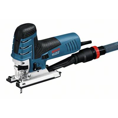 En blå Bosch sticksåg med svart handtag och ansluten utsugningsslang. Modellnamn syns på enheten.
