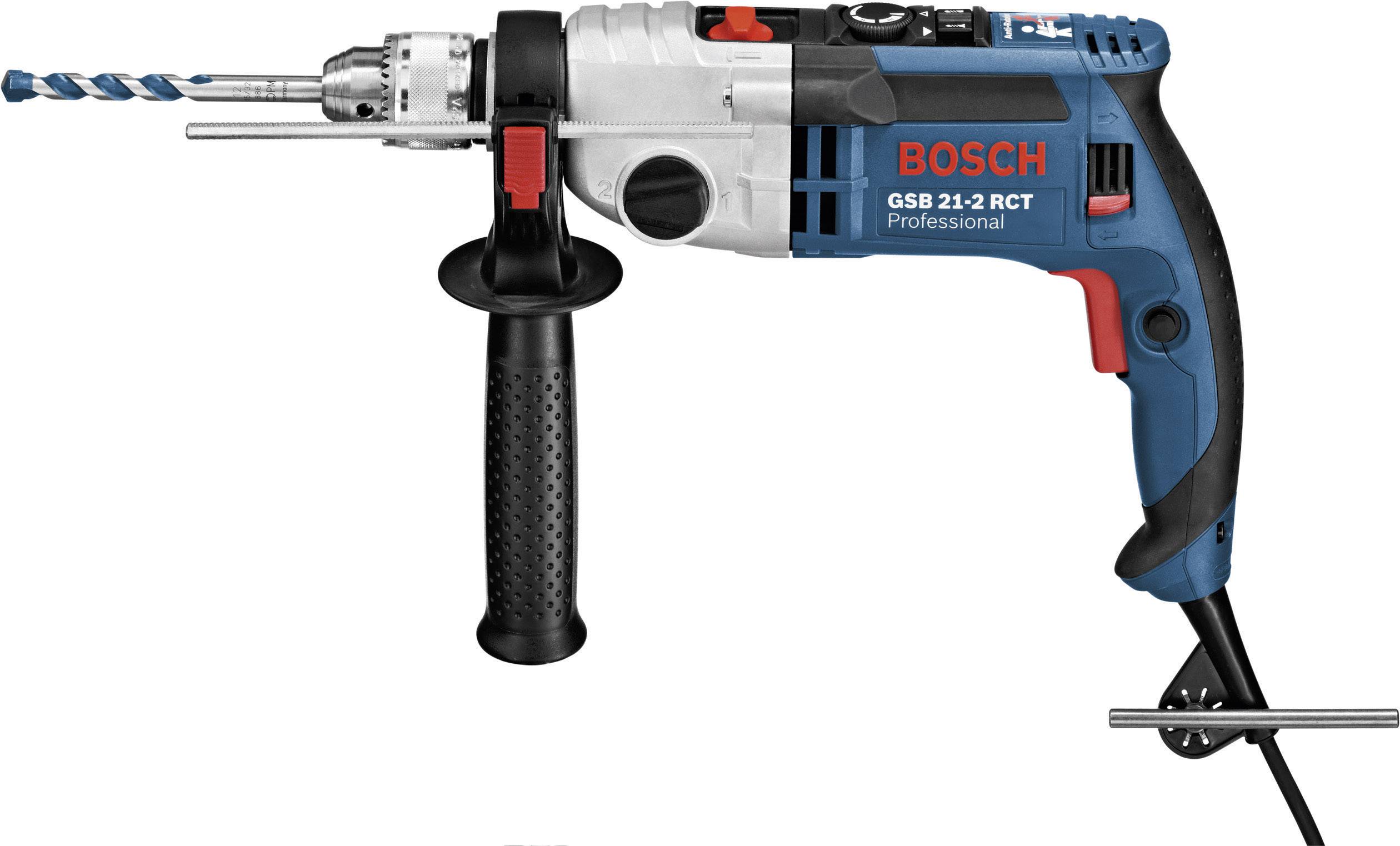En blå och svart Bosch-borrmaskin med grå borr och rött BOSCH-logotyp. Modellnummer: GSB 21-2 RCT.