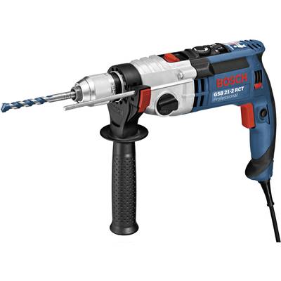 Blå och svart elektrisk handborrmaskin från Bosch med roterande borrkropp och svart handtag. Modell GSB 21-2 RCT.