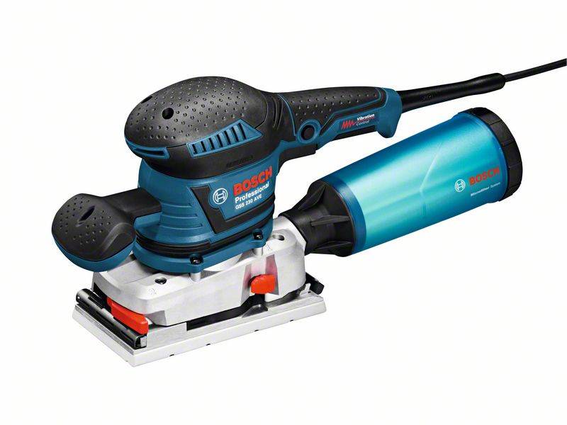 Bosch elektrisk slipmaskin med ergonomiskt handtag och blått skyddsskal, lämplig för precisionsslipning.