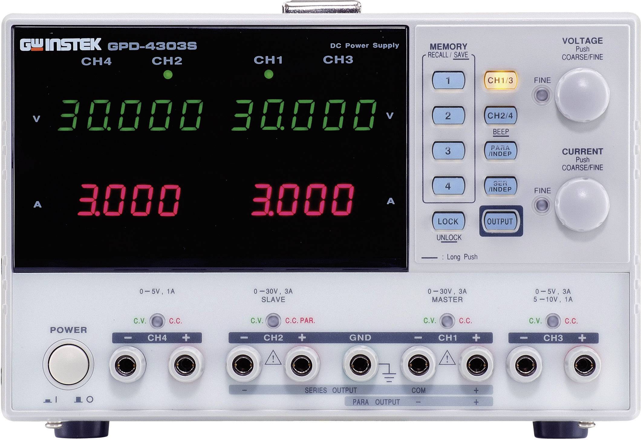 GW Instek GPD-4303S nätaggregat med fyra kanaler. Display visar 30.000 V och 3.000 A. Flera knappar för spännings- och strömreglering.