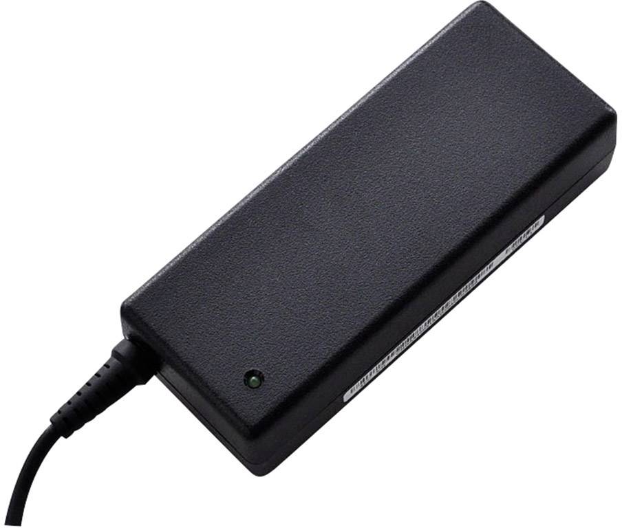 Ett svart laptopladdare med ansluten kabel.