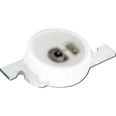 En vit LED-komponent med två metallkontakter, liggande på en yta.