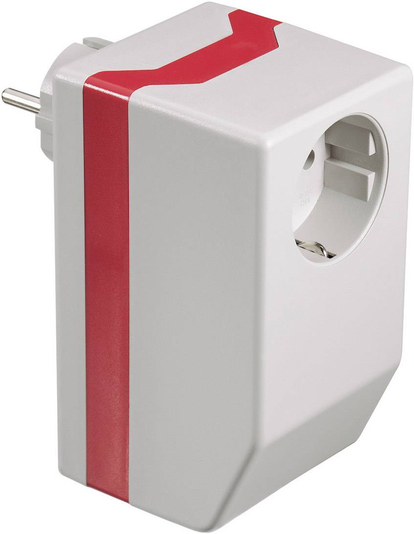 En vit adapterkontakt med röd rand; sidovy visar vägguttag och Schuko-kontakt.