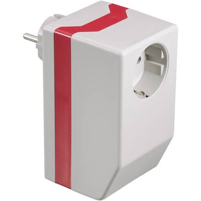 En vit adapterkontakt med röd rand; sidovy visar vägguttag och Schuko-kontakt.
