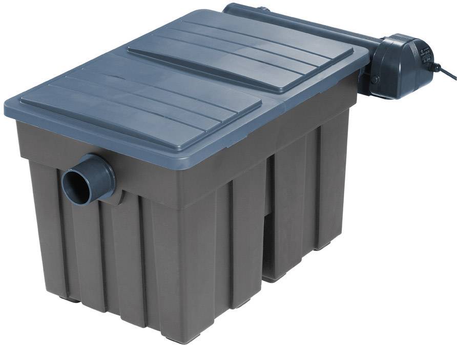 Svart damfilter med blå lock och anslutningsrör på sidan, utrustad med anslutet pumpsystem.