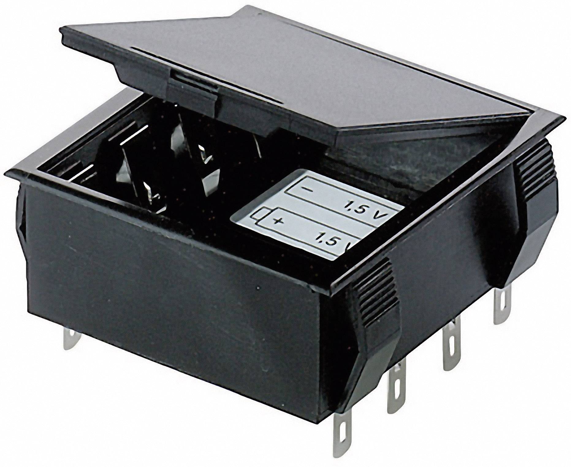 En svart batterihållare med öppet lock som rymmer två AA-batterier. Plus- och minuspolerna är markerade.