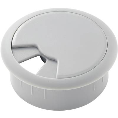 Grå kabellåda i plast med avtagbar lock, lämplig för skrivbord, för ordnad kabelhantering.
