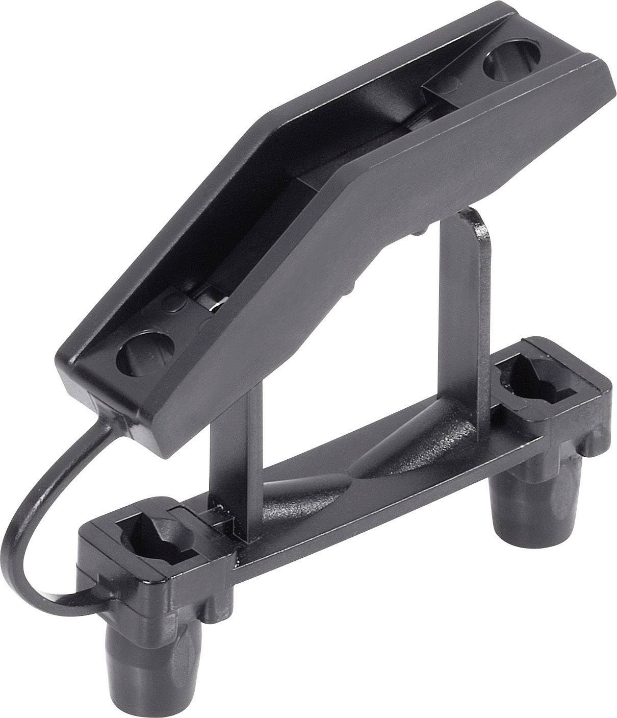 Ett svart plastersättningsdelmoment med två skruvhål och ett slyngliknande element för stabilisering.