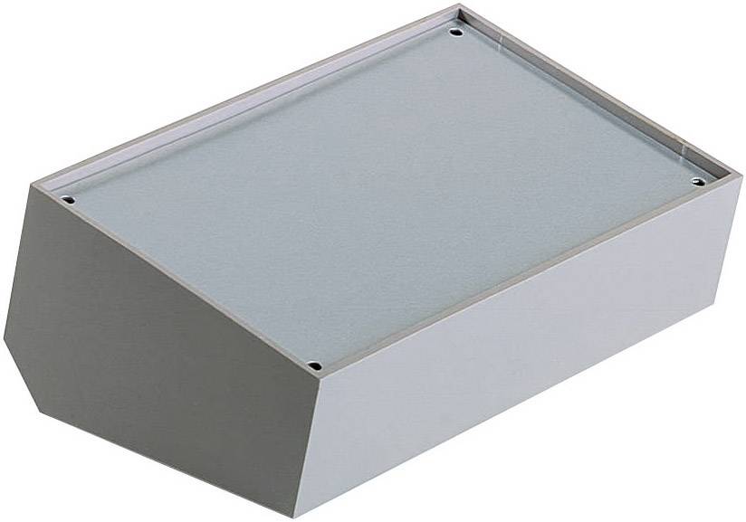 Ett enkelt, rektangulärt, avfasat hölje av metall med en öppen sida, sannolikt avsett för montering av elektroniska komponenter.