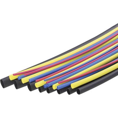 Färgglada krympslang i olika färger och storlekar, ordnade bredvid varandra, används för elektrisk isolering.