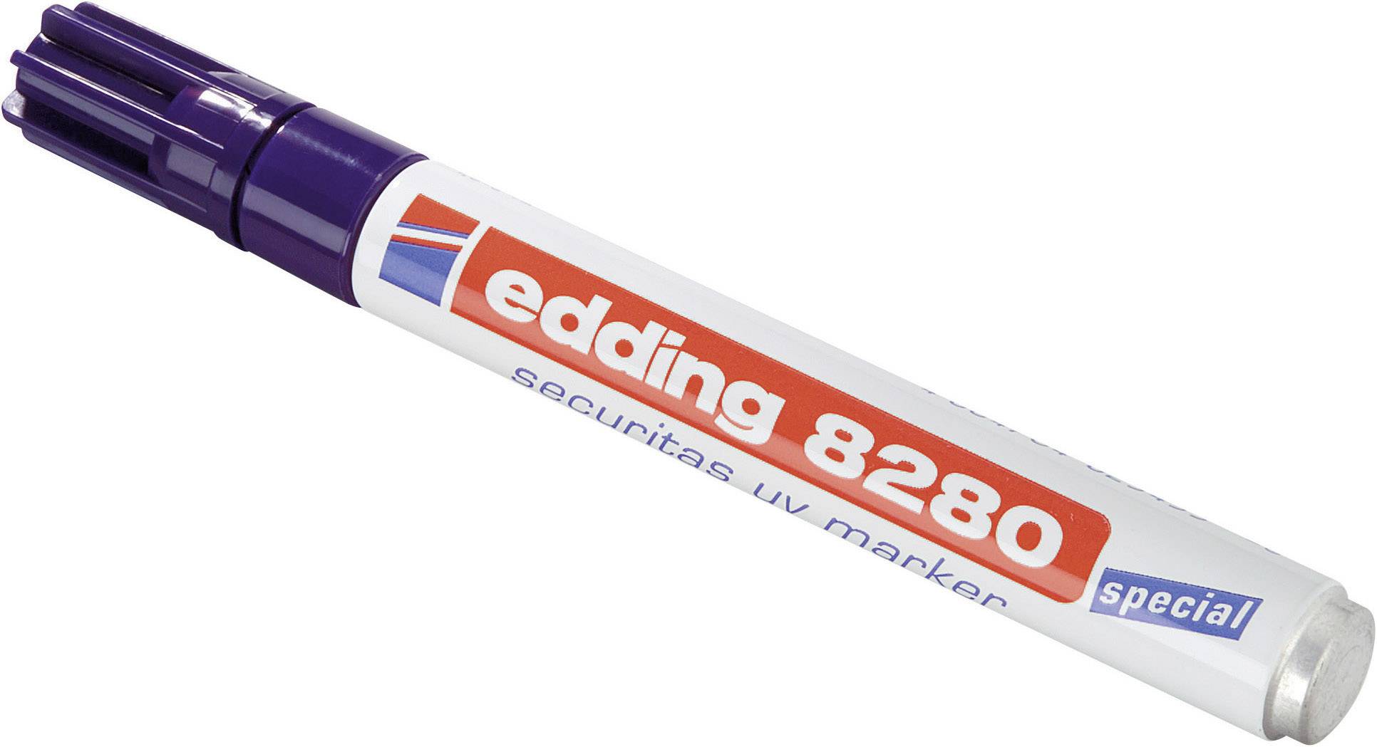 En vit Edding 8280 UV-märkpenna med lila lock och röd text.