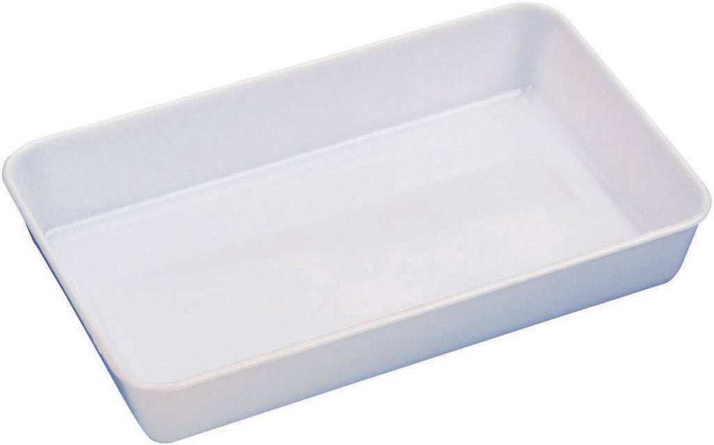 Rektangulär, vit plastskål med plan botten och förhöjd kant, lämplig för förvaring eller servering av mat.