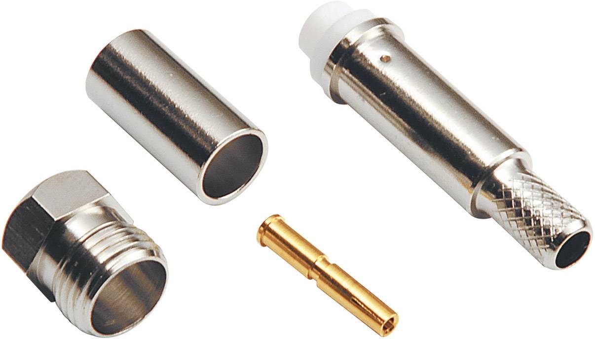 Fyra metalliska anslutningsdetaljer, däribland en cylindrisk adapter, en stiftkontakt, en skruvhylsa och ett täckrör.