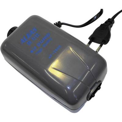 En grå luftpump med svart nätkabel och kontakt. På pumpen står orden 'ALEAS air pump'.